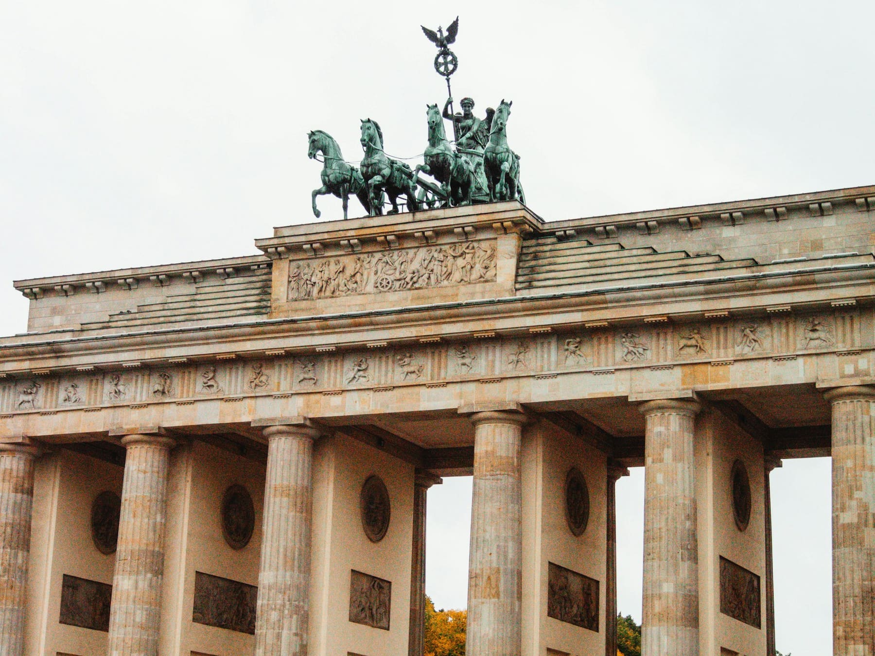 The Brandenburg Gate in Berlin, its columns topped by the Quadriga statue
